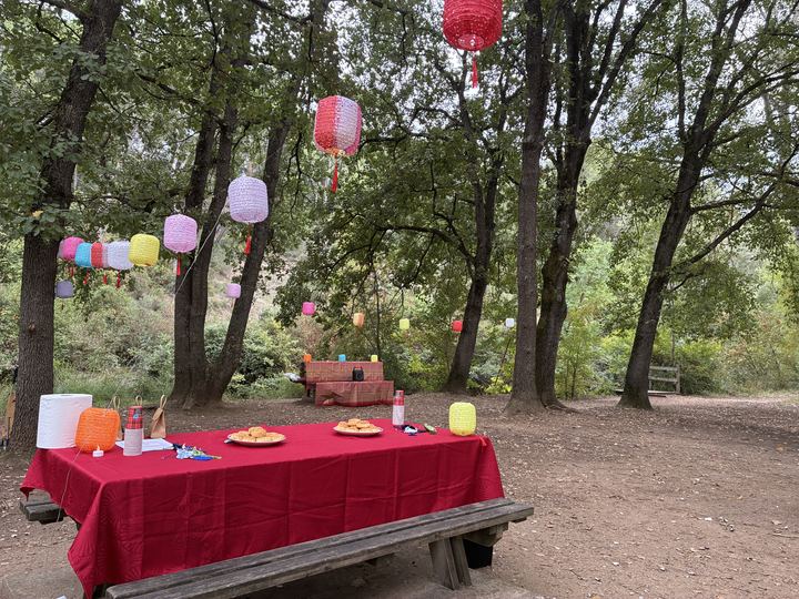 Le décor : nappe rouge et lanternes sous les arbres